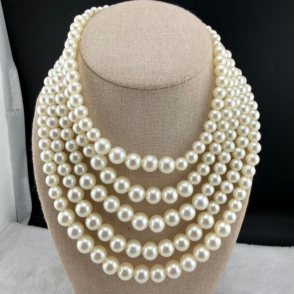 Vintage Marvella‎ Necklace Cream Multi-Strand Faux Pearl Gold Tone Bow Clasp 15"